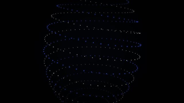 A glowing digital sphere constructed from numerous small luminous dots forming a complex spiral pattern across a dark void, representing futuristic technology and communication networks