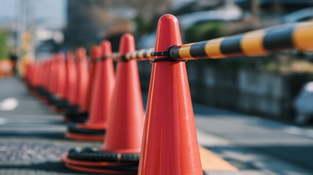 Orange traffic cones line a street with caution