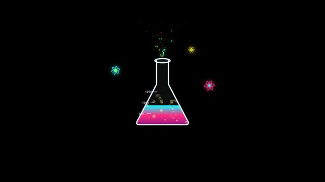 Charming 2D vector animation of a glass laboratory Erlenmeyer flask filled with bubbling colorful chemical liquid, rising fizz effects, and floating atom icons in a seamless loop.