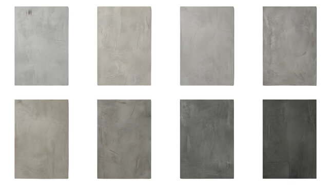 Industrial concrete texture set, 8 grey cement background swatches, weathered stone surface collection for architectural design and 3D rendering
