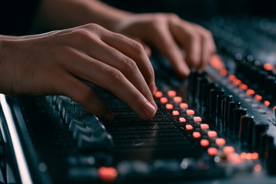 Audio engineer hands adjusting mixing console faders