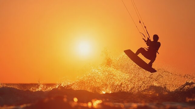 Kite surfer soaring against a vibrant sunset.