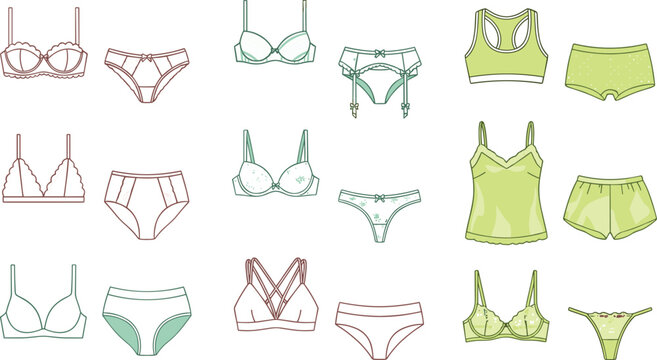 Women Underwear Lingerie and Sleepwear Comprehensive Technical Flat Sketch Vector Template Matrix Featuring Diverse Matching Sets of Bras Panties Camisoles and Lounge Shorts