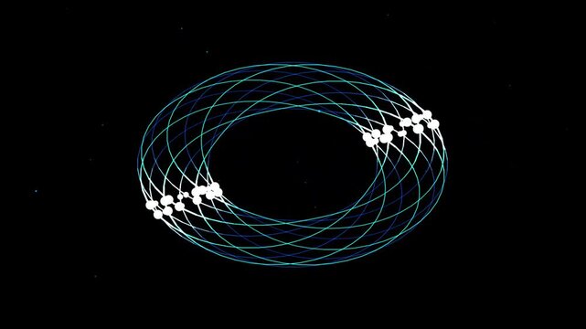 Abstract 3 d torus animation with glowing particles and orbital light trails for futuristic technology and science backgrounds