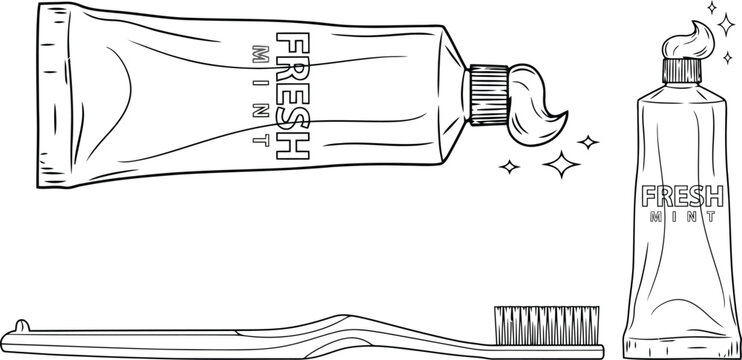 Toothpaste tube and toothbrush in a clean minimalist line drawing style with a mint concept