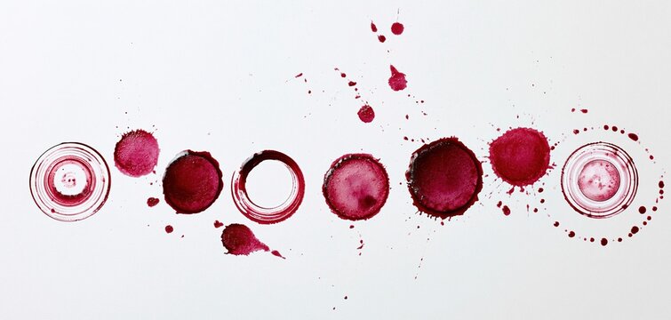 Red wine stains and splatters on white background