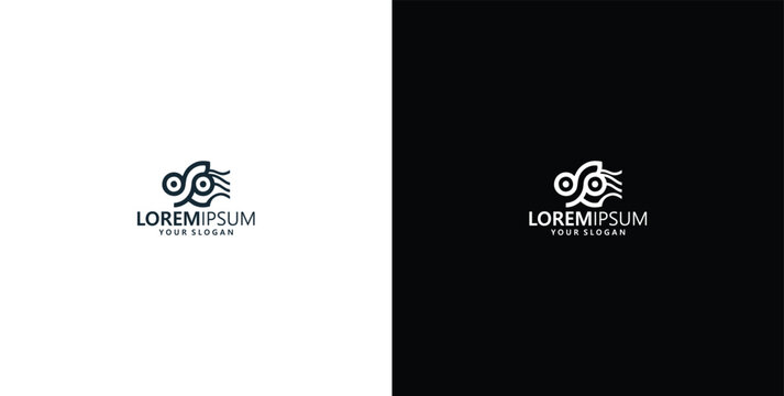 Modern minimalist abstract line art logo featuring a stylized infinity shape with eyes and flowing elements on split black and white backgrounds