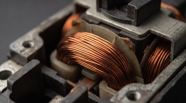 Close-up of internal copper wire winding inside a small electric motor