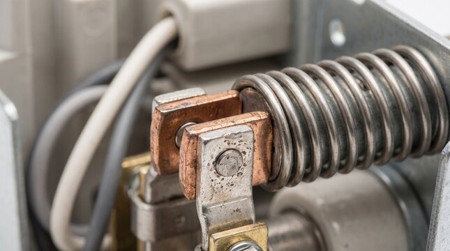 Close-up of electrical contacts, spring and wiring inside a mechanical device