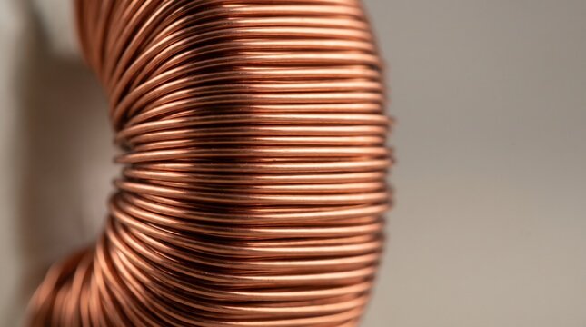 Close up of copper wire coil wound tightly in a loop structure pattern