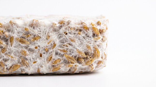 Organic mycelium culture growing on golden grain kernels showing dense white fungal webs and dew droplets in bright studio light