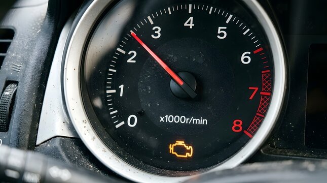 Close up of a car dashboard tachometer with red needle pointing at three thousand rpm and illuminated orange check engine warning light indicating mechanical issues or maintenance required.