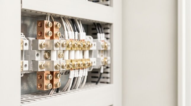 Industrial electrical distribution panel with copper busbars and wires