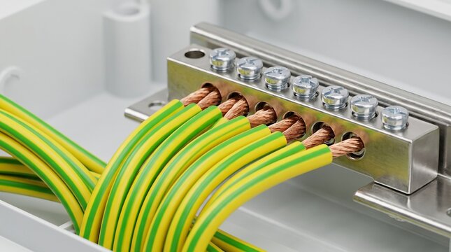 Ground electrical wires connected to metal terminal block inside a junction box