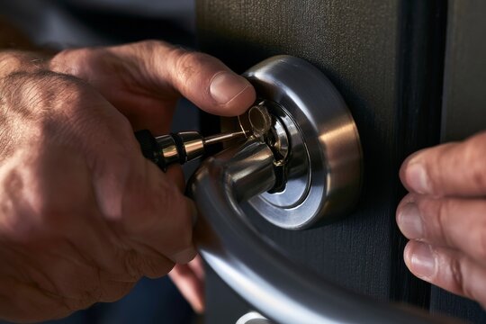 Locksmith picking door lock cylinder with tool