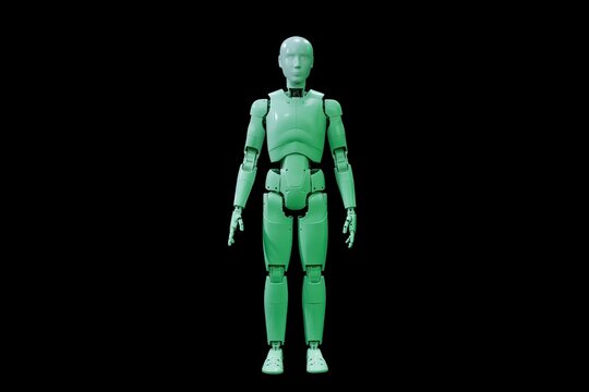 Green humanoid robot standing against black background