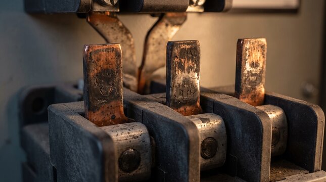 Industrial electrical disconnect switch with worn and rusted copper contacts