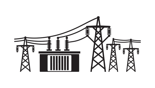 Electrical substation high voltage utility poles and transformer line art vector design for industry.