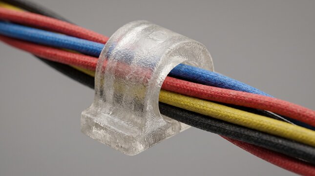 Clear plastic wire clip holding multicolored electrical cables together