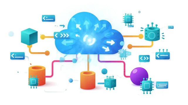 blue cloud icon connected to diverse data storage and processing shapes with digital pathways flowing across clean plain white background symbolizing modern network technology and connectivity
