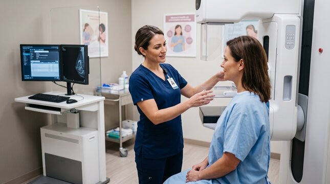 Female technician assisting a patient during a mammogram screening in a modern radiology clinic.