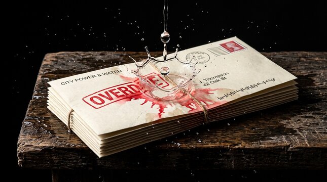 A tight macro shot of a single, high-velocity water droplet striking a stack of official mail and overdue billing envelopes, creating a crown splash that smudges black ink and red "FINAL NOTICE" stamp