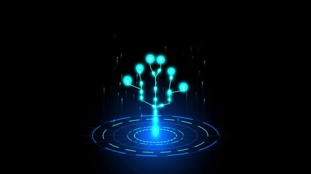 Digital tree growth hud animation, futuristic technology network concept, cyber data connection, artificial intelligence growth visualization