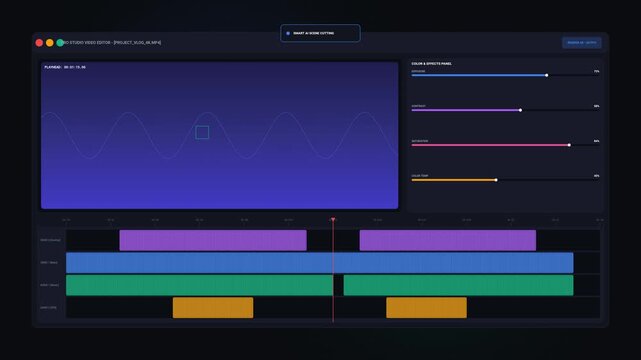 Video editing software interface displaying timeline tracks and audio waveform for production