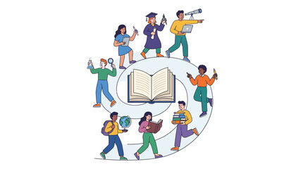 Fototapeta premium Diverse group of people in a spiral formation around an open book, symbolizing education, knowledge, and learning.