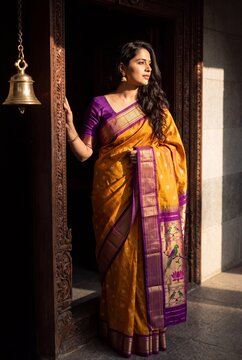 Indian woman in mustard yellow Paithani silk saree with purple border standing at carved wooden temple doorway with brass bell