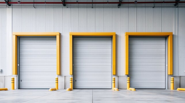 Three closed grey roller shutter doors with yellow