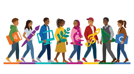Fototapeta premium Diverse group of students walking with art, music, science, and education symbols, isolated on transparent background.