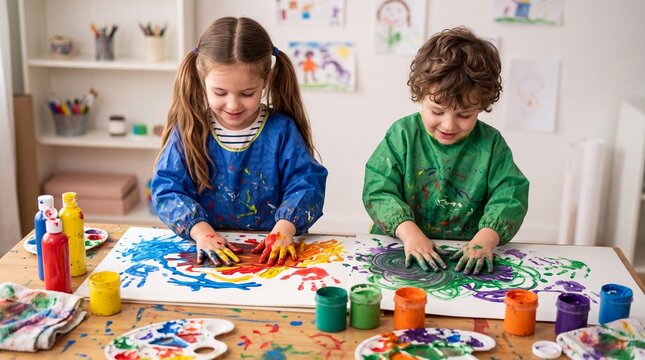 Two Happy Preschool Children Finger Painting with Bright Colors on Large Paper in a Creative Art Classroom Setting, Promoting Early Childhood Education and Artistic Expression