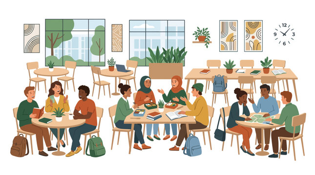 Diverse group of young people studying and socializing in a bright, modern cafe or library interior.