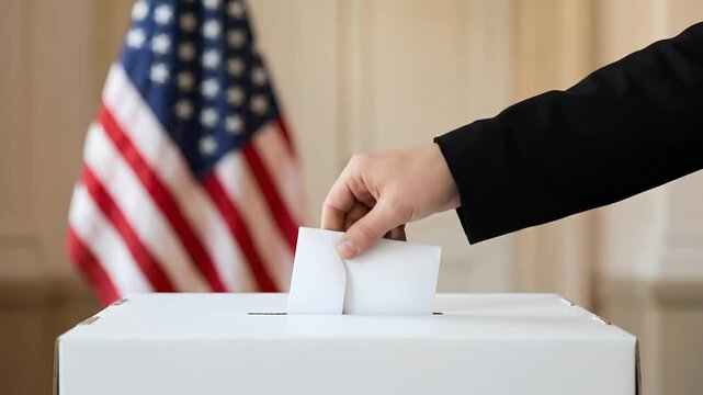 Person casting a vote in a ballot box with a US flag in the background