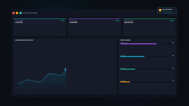 Dashboard interface with data visualization charts and graph analysis in dark mode software display