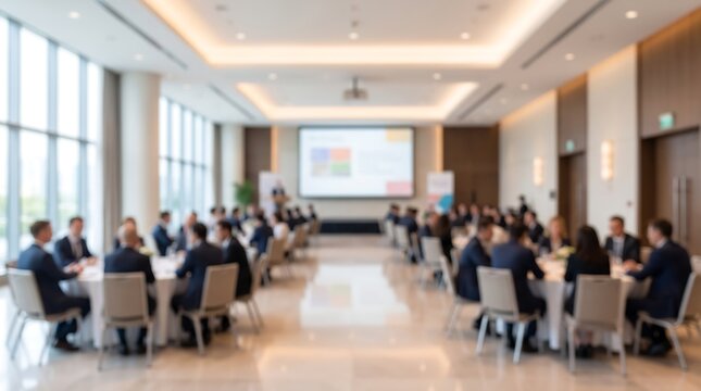 Blurred view of corporate business conference meeting in progress with professionals sitting at round tables in modern hotel ballroom during formal seminar presentation with screen in back