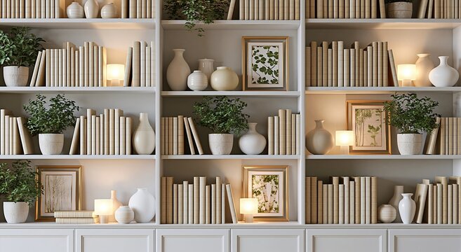 Organized bookshelves with books plants and vases