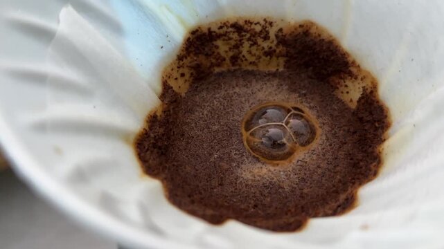 Pour Over Coffee Brewing Close-Up Showing Bloom and Extraction Bubbles