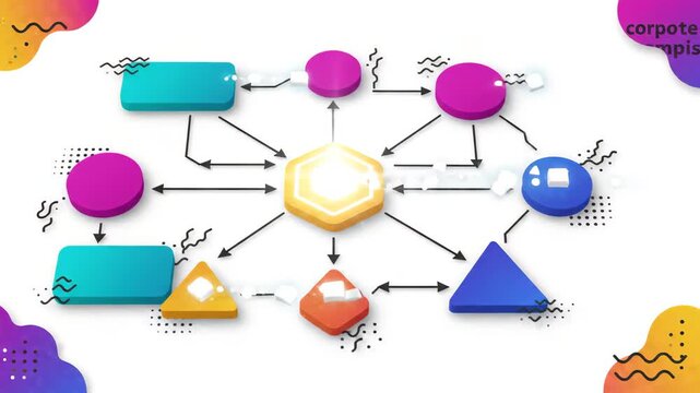 colorful infographic flowchart with various geometric shapes connected by arrows on white background featuring abstract fluid gradient blobs and decorative squiggly lines in the corners
