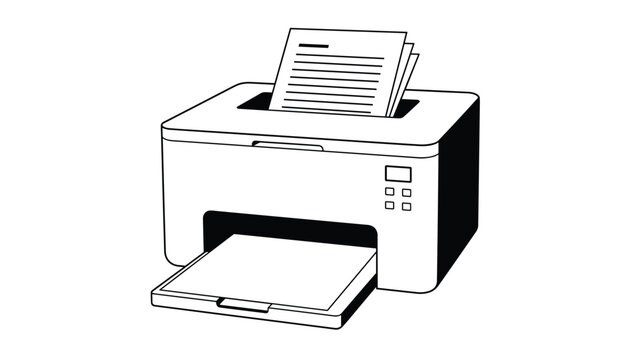 Black and white line art drawing of a modern office laser printer printing a document with text on white.