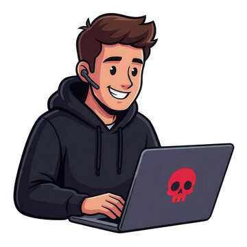Smiling Hacker Using Laptop with Skull Sticker