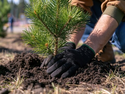 Gardener planting pine tree sapling in soil with
