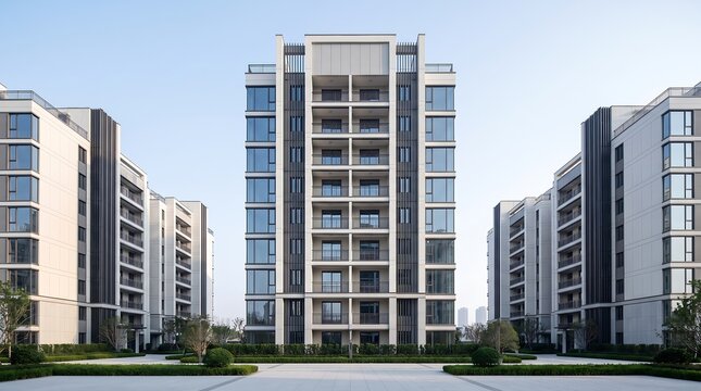 Symmetrical view of modern residential apartment complex exterior with clean lines and glass facade in quiet urban neighborhood setting for real estate and urban development marketing
