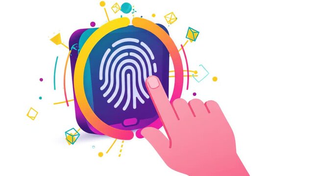 Finger touching digital biometric fingerprint scanner screen to authenticate identity with colorful abstract technology data icons floating in the background on clean white environment