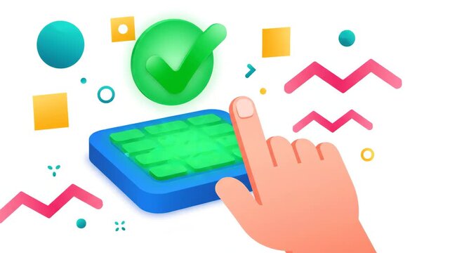 Finger touching blue biometric sensor screen for digital identity verification surrounded by abstract geometric shapes and floating colorful icons on plain white background