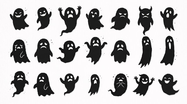 Diverse collection of spooky hand drawn ghost illustrations featuring various funny facial expressions for festive halloween party design graphic elements