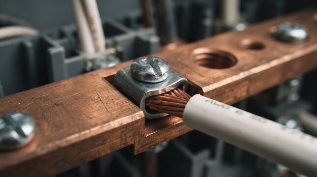 Close-up of an electrical copper busbar with a connected wire in a panel