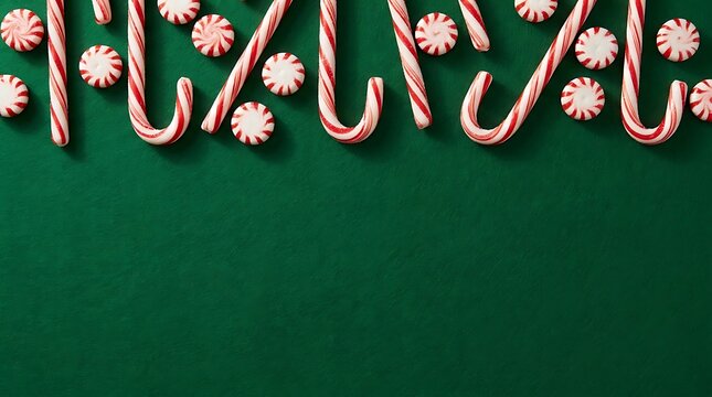 Top border of candy canes and peppermint candies on a dark green background for christmas holiday design