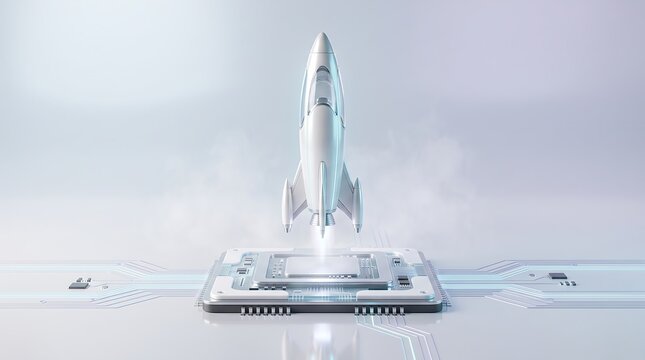 Futuristic silver rocket ship launching from central microchip processor on digital circuit board background representing technological innovation and rapid advancement in computer hardware industry